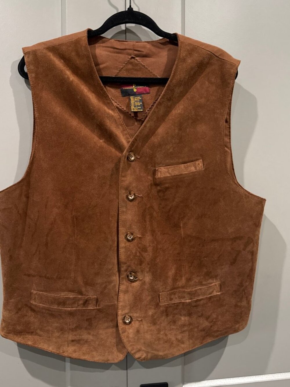 Vintage Corporate Casuals Brown Suede Leather Vest Lined Men's Button-Up Size L